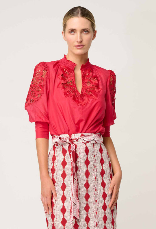 OnceWas Oleander Cotton Silk Blouse in Ruby