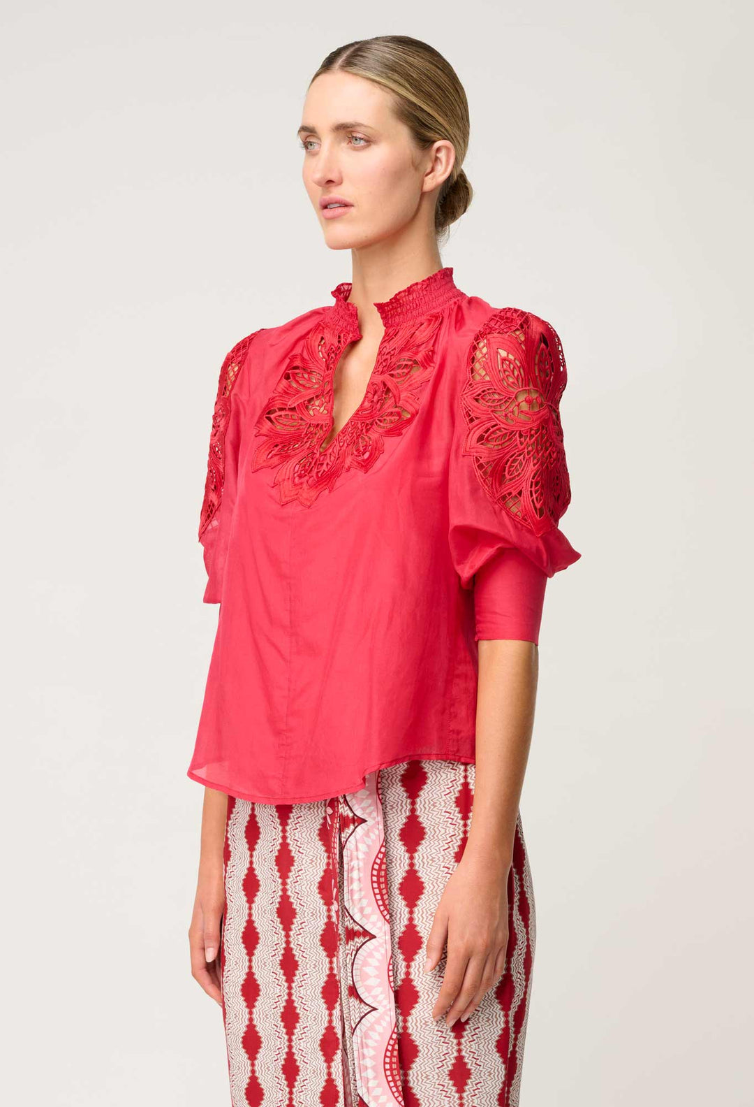 OnceWas Oleander Cotton Silk Blouse in Ruby