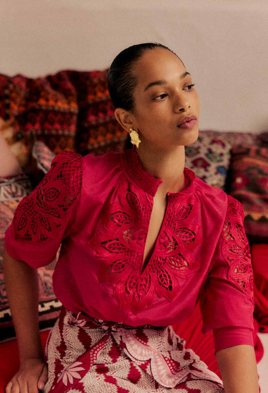 Oleander Cotton Silk Blouse in Ruby
