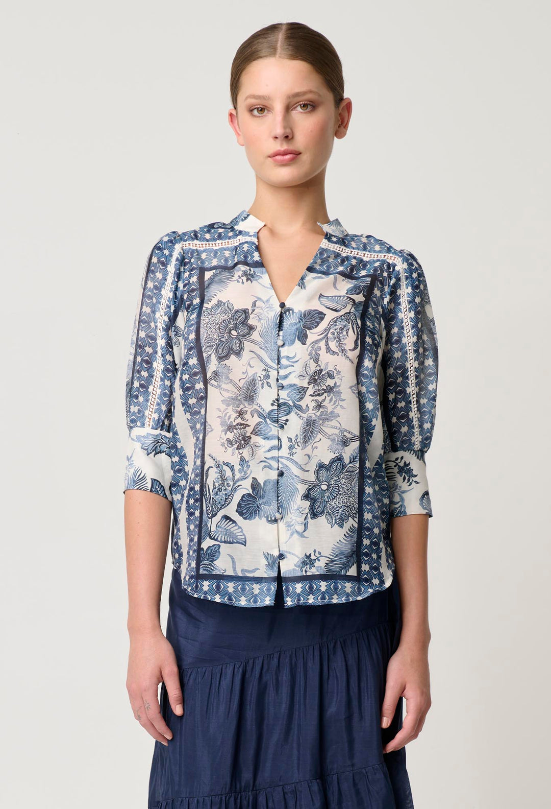 OnceWas Bijou Cotton Silk Shirt in Ink Flè Print