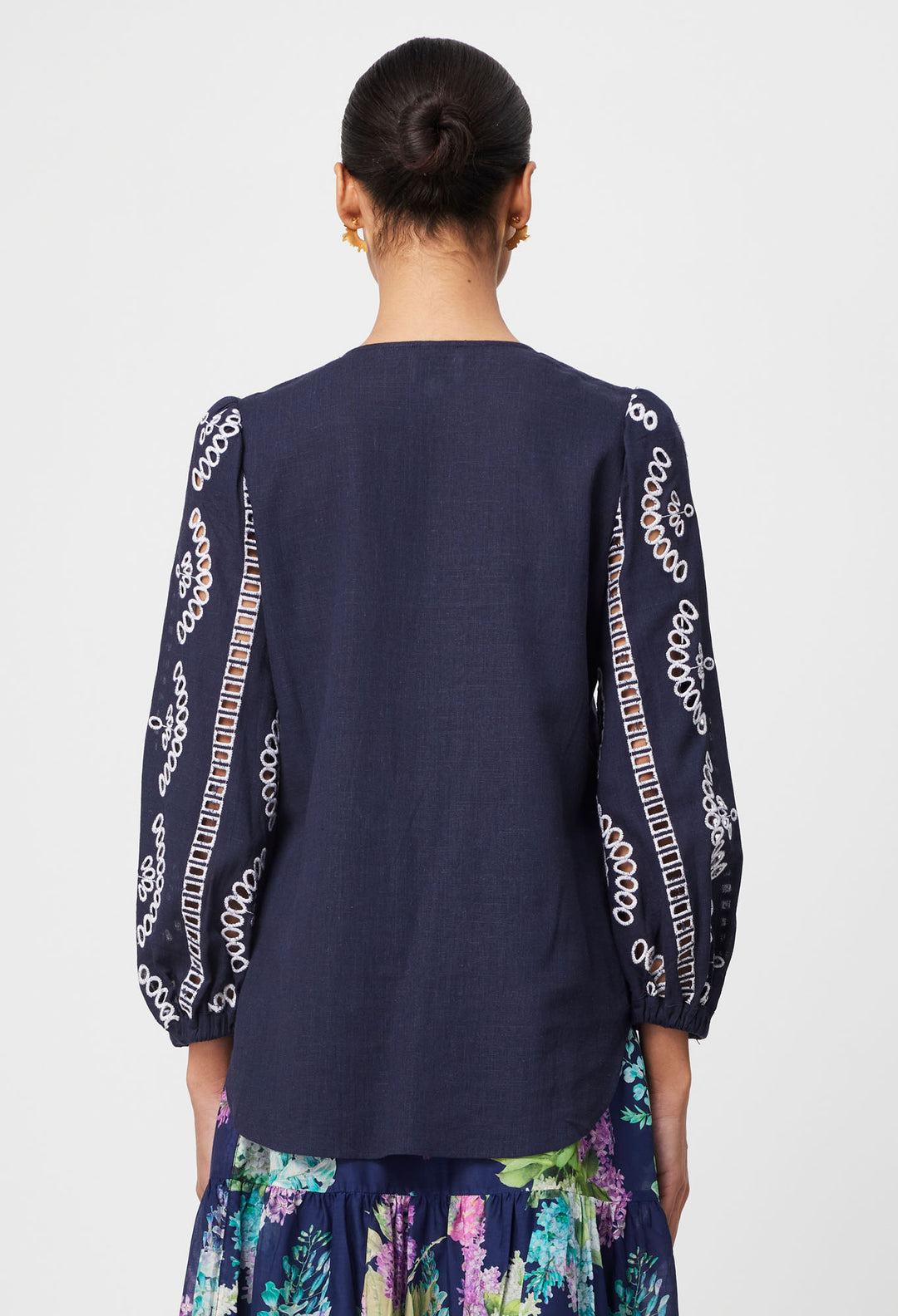 Morgan Embroidered Linen Viscose Blouse in Lapis