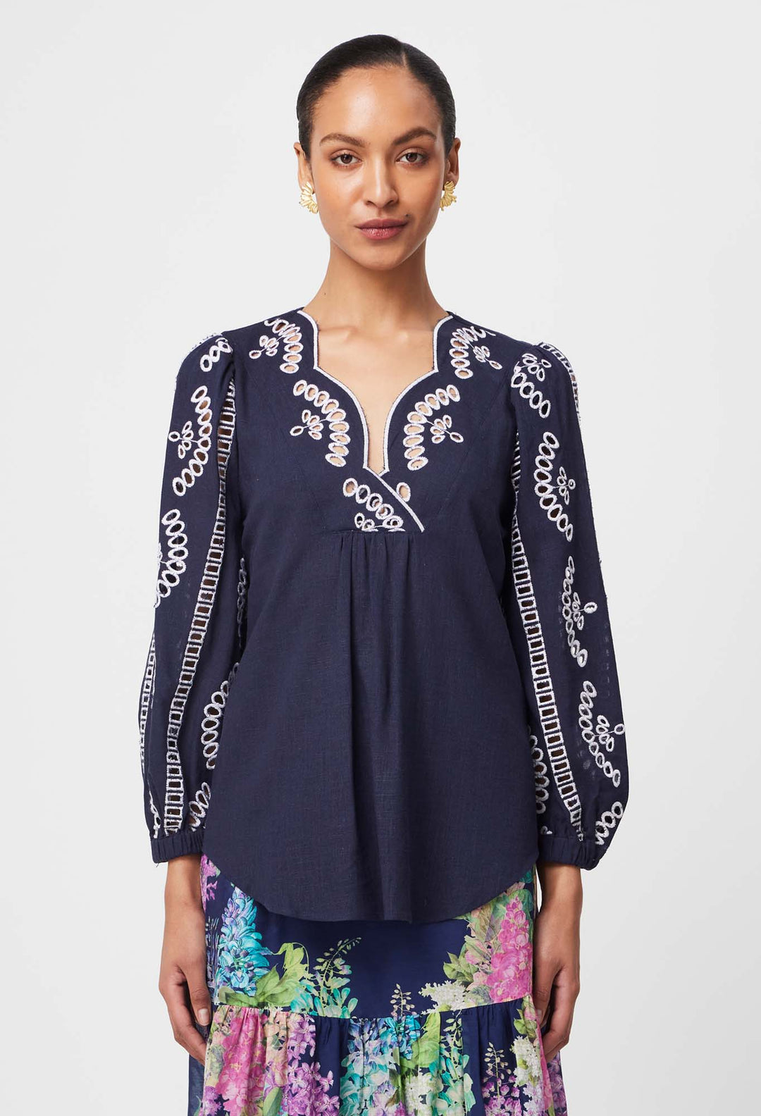 Morgan Embroidered Linen Viscose Blouse in Lapis