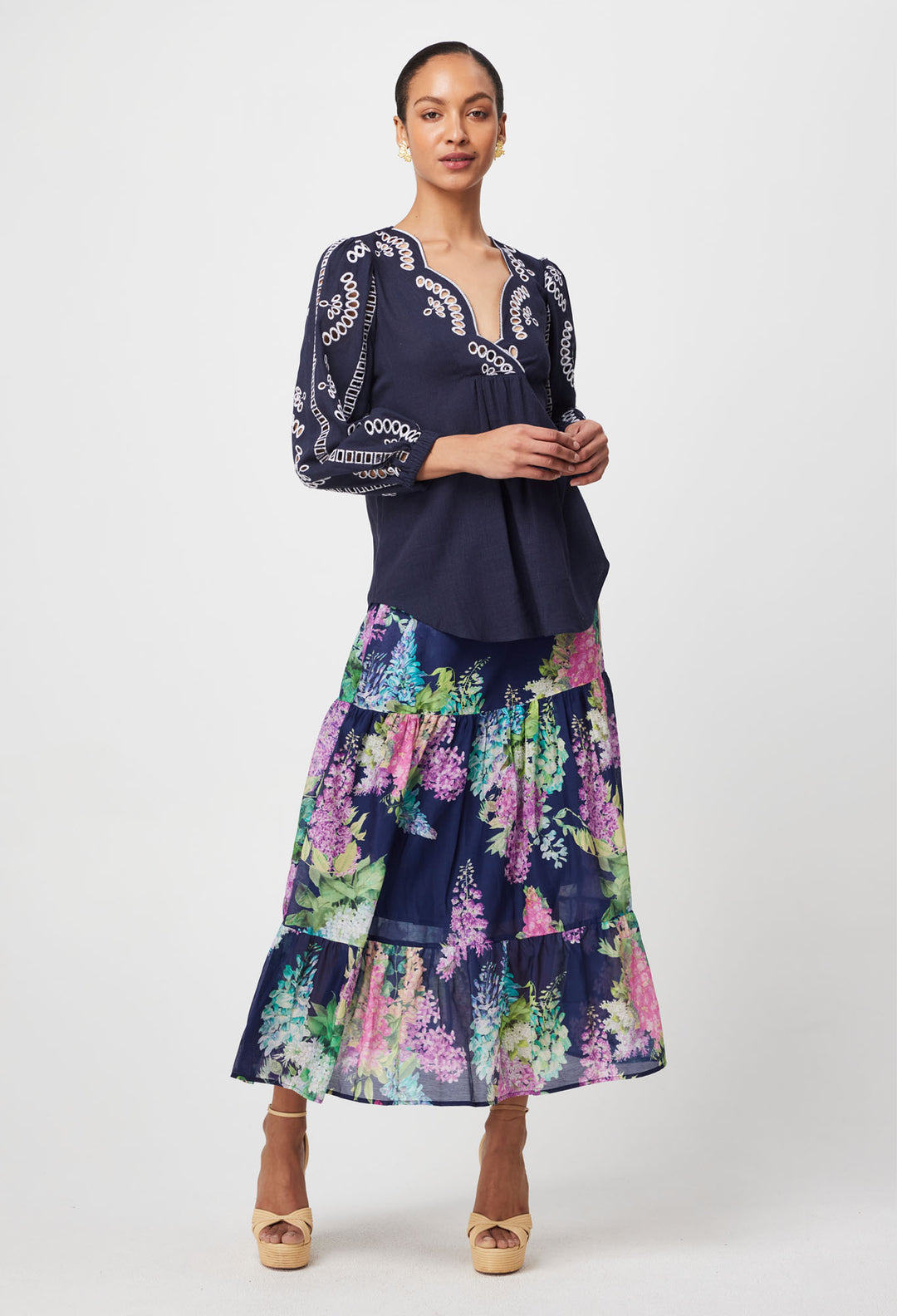 Morgan Embroidered Linen Viscose Blouse in Lapis