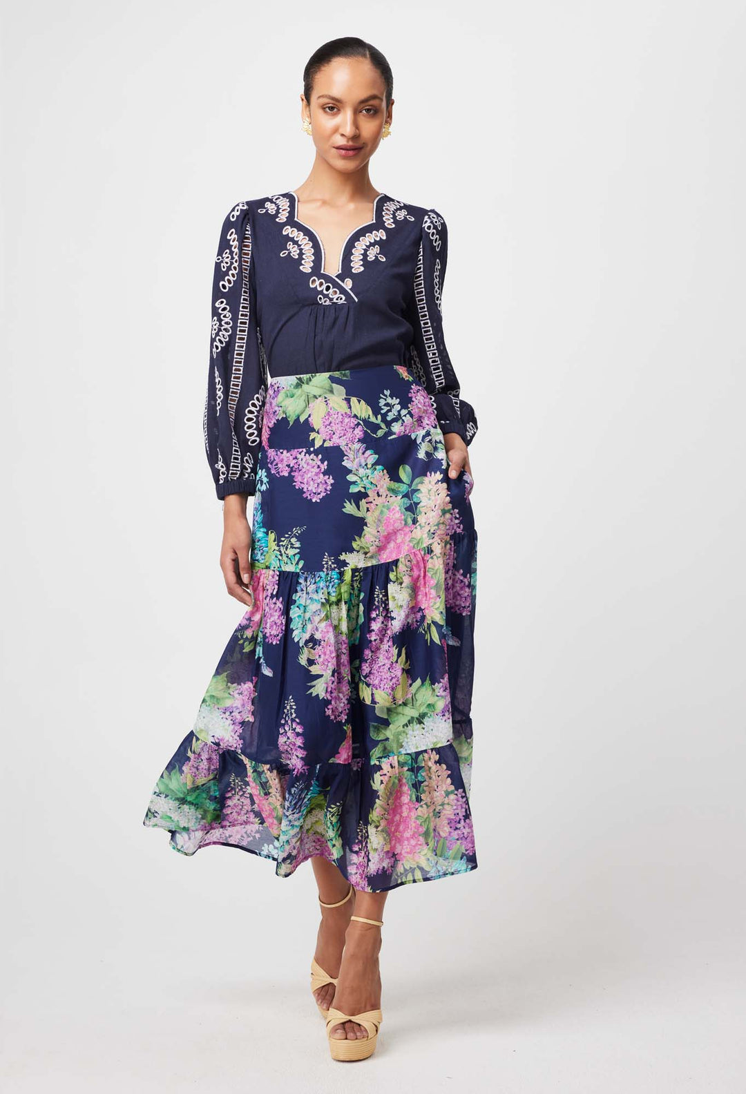 Bahia Cotton Silk Skirt in Navy Wisteria