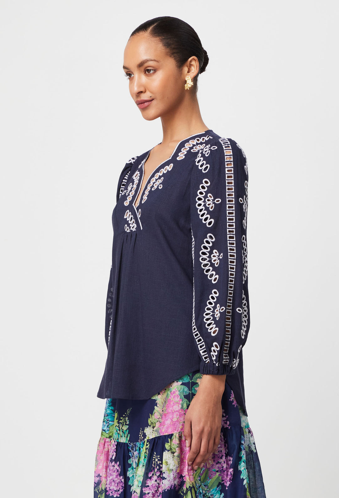 Morgan Embroidered Linen Viscose Blouse in Lapis