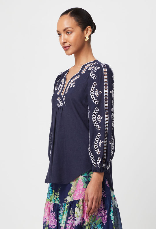 Morgan Embroidered Linen Viscose Blouse in Lapis