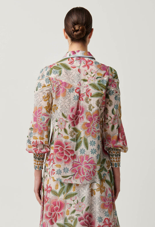 OnceWas Wren Lace Cotton Slub Shirt in Azalea Fields