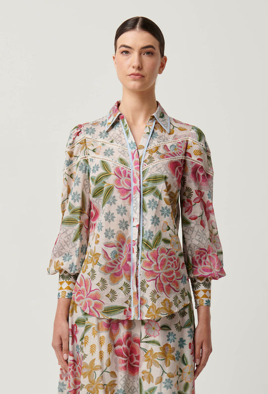 OnceWas Wren Lace Cotton Slub Shirt in Azalea Fields