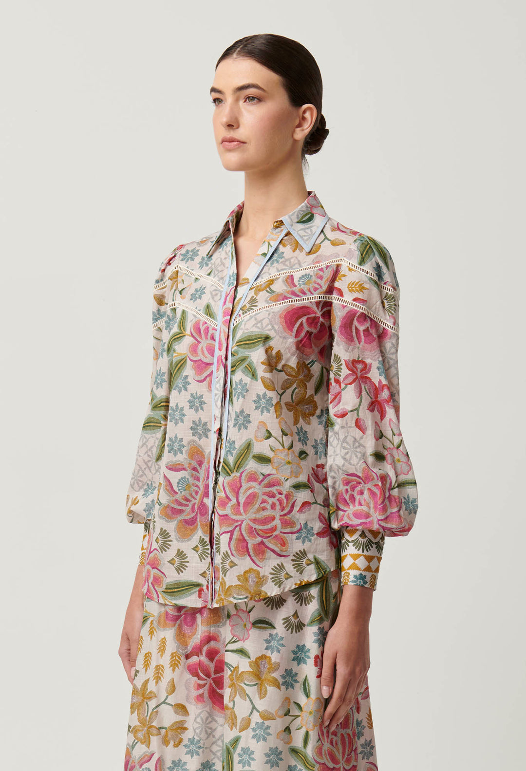 OnceWas Wren Lace Cotton Slub Shirt in Azalea Fields