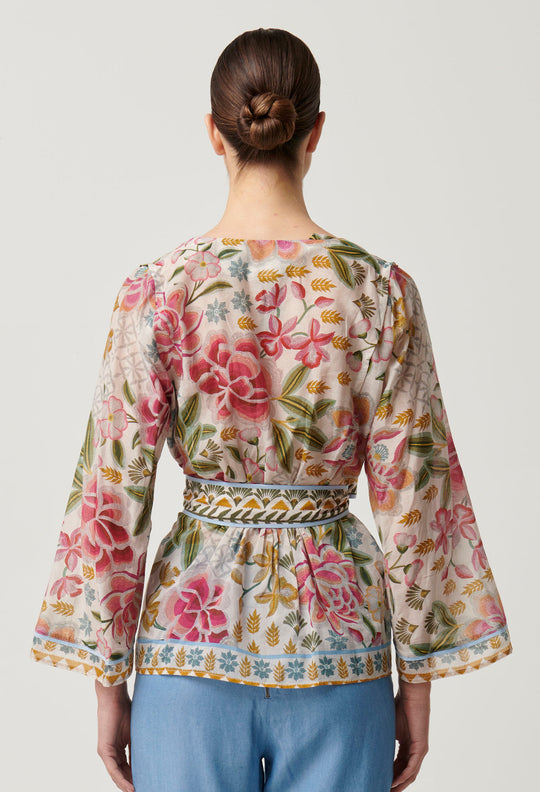 OnceWas Emery Cotton Silk Kaftan Tie Top in Azalea Fields