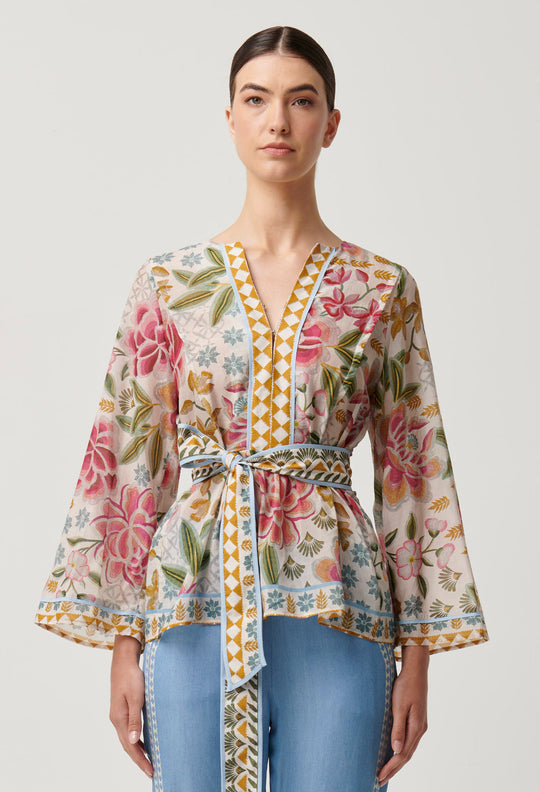 OnceWas Emery Cotton Silk Kaftan Tie Top in Azalea Fields