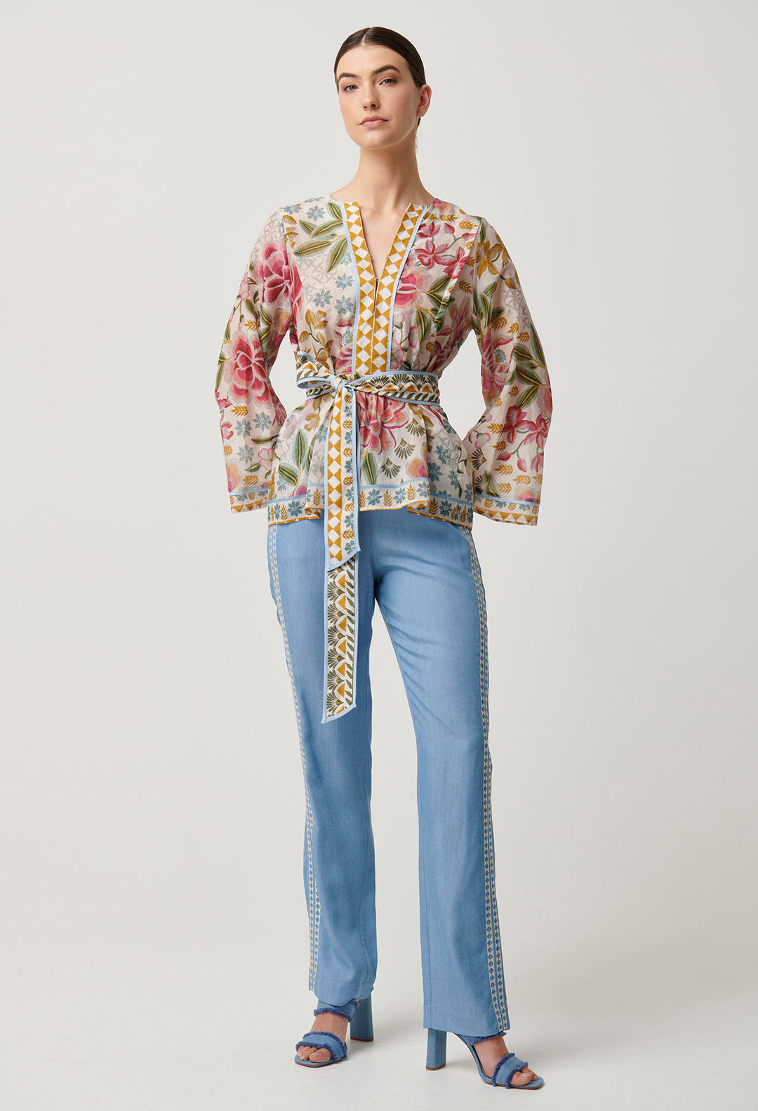 Emery Cotton Silk Kaftan Tie Top in Azalea Fields