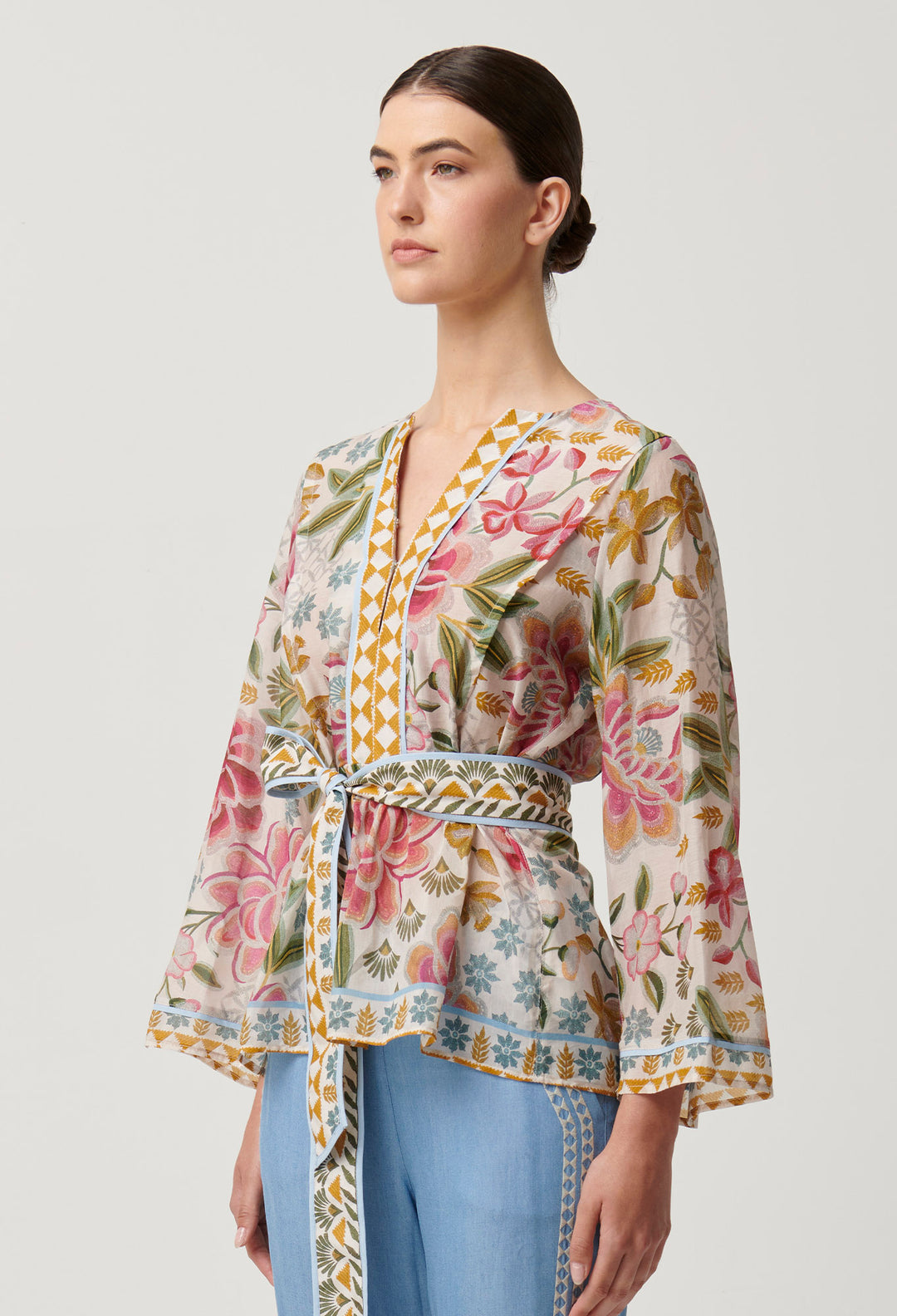 OnceWas Emery Cotton Silk Kaftan Tie Top in Azalea Fields