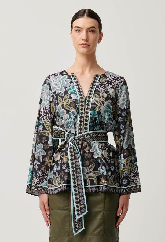 OnceWas Emery Viscose Dobby Kaftan Tie Top in Dahlia Fields