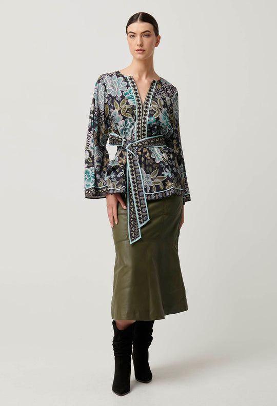 OnceWas Emery Viscose Dobby Kaftan Tie Top in Dahlia Fields