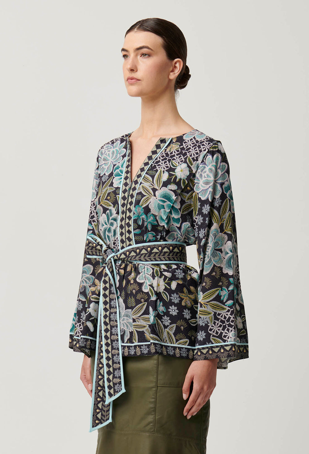 OnceWas Emery Viscose Dobby Kaftan Tie Top in Dahlia Fields