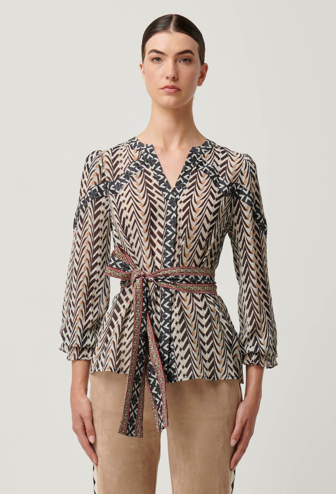 OnceWas Fallon Crinkle Cotton Silk Panel Blouse With Tie in Bromegrass print