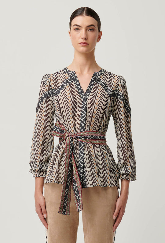 OnceWas Fallon Crinkle Cotton Silk Panel Blouse With Tie in Bromegrass print