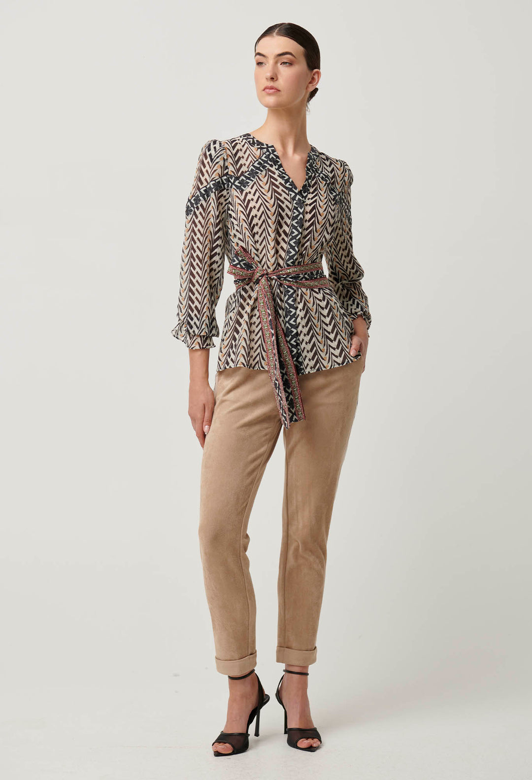 OnceWas Fallon Crinkle Cotton Silk Panel Blouse With Tie in Bromegrass print