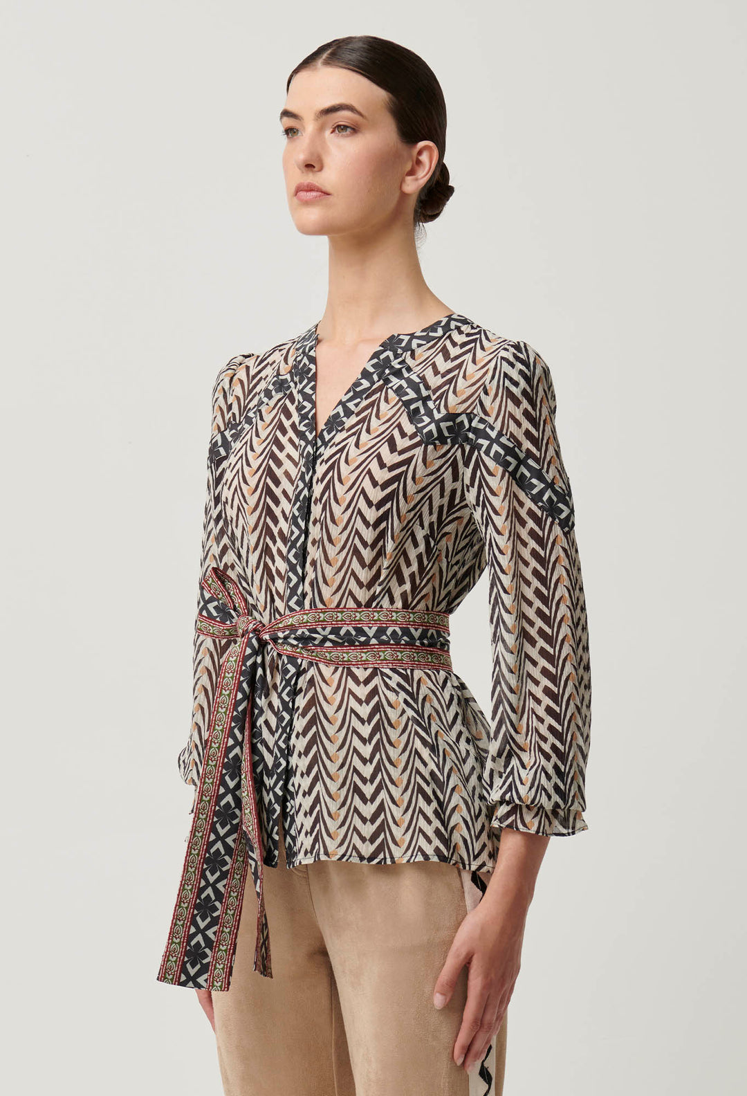 OnceWas Fallon Crinkle Cotton Silk Panel Blouse With Tie in Bromegrass print