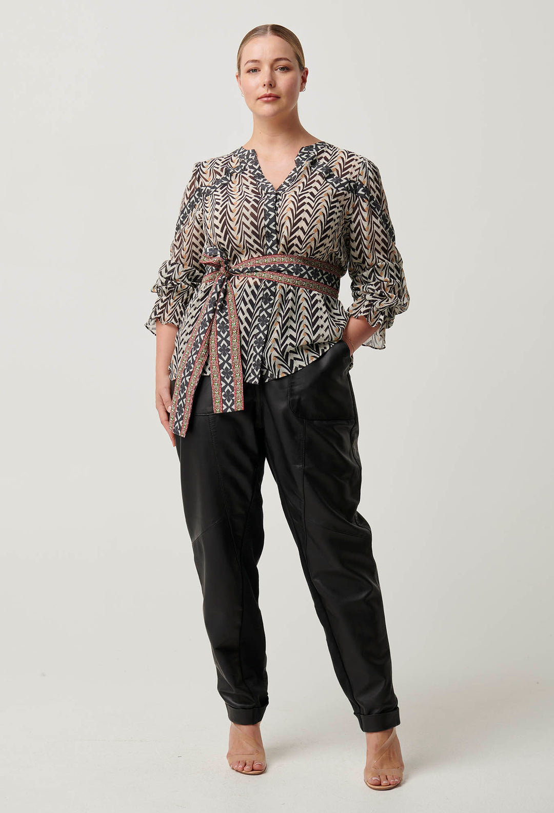 OnceWas Fallon Crinkle Cotton Silk Panel Blouse With Tie in Bromegrass print