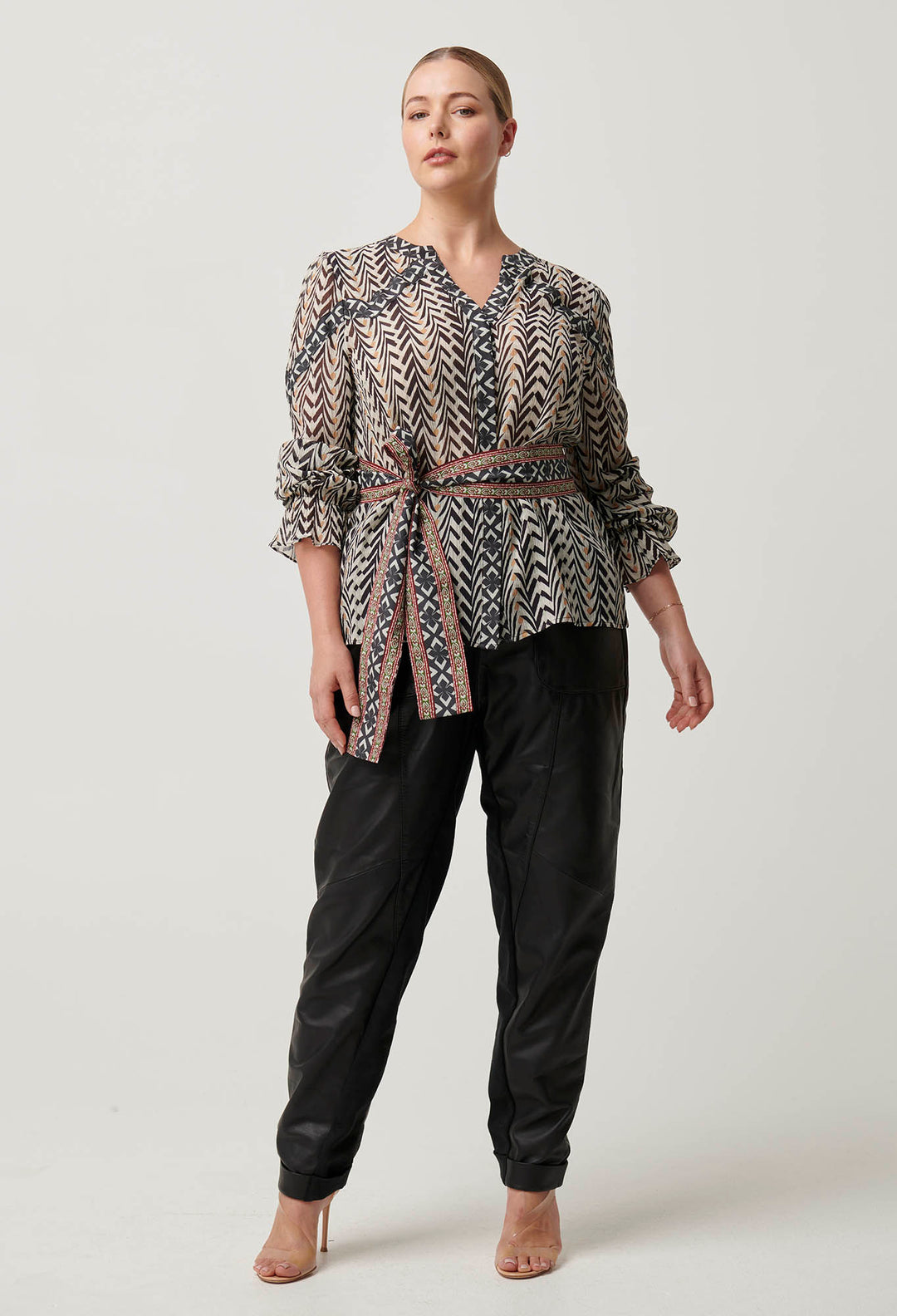 OnceWas Fallon Crinkle Cotton Silk Panel Blouse With Tie in Bromegrass print