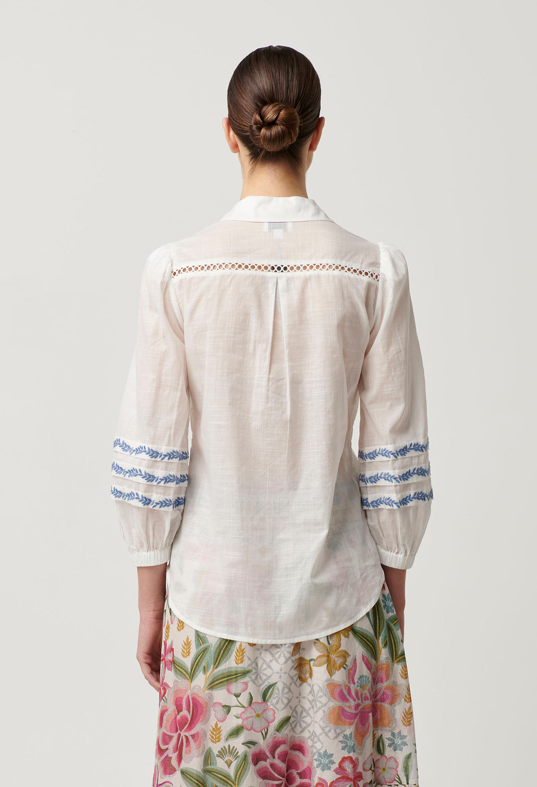 OnceWas Fleurine Embroidered Cotton Slub Shirt in Milk