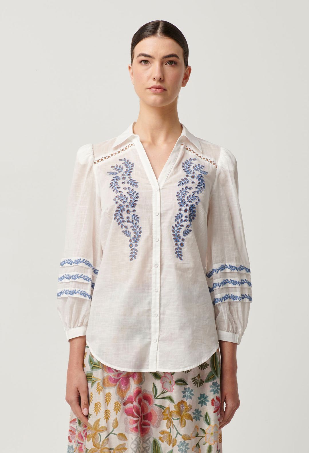 OnceWas Fleurine Embroidered Cotton Slub Shirt in Milk