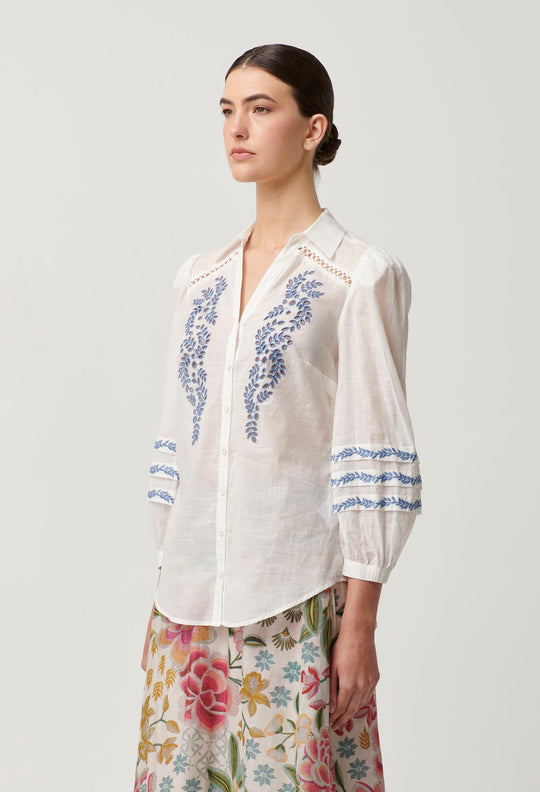 OnceWas Fleurine Embroidered Cotton Slub Shirt in Milk