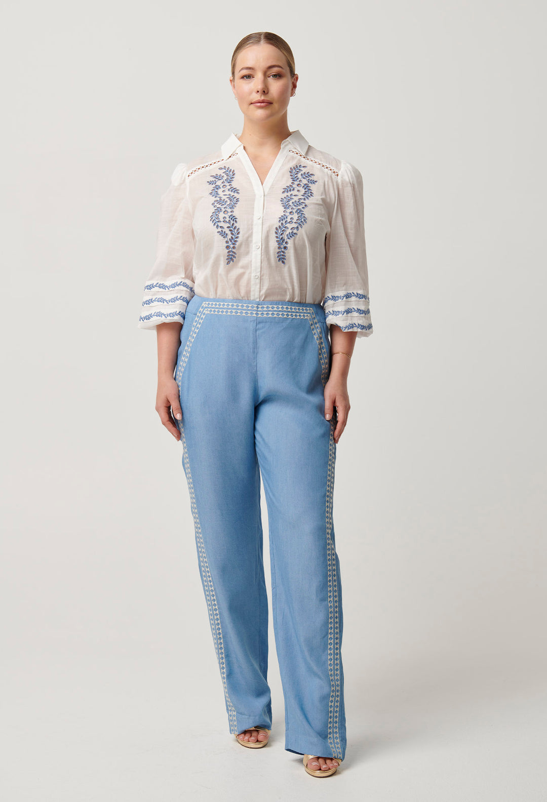 OnceWas Fleurine Embroidered Cotton Slub Shirt in Milk