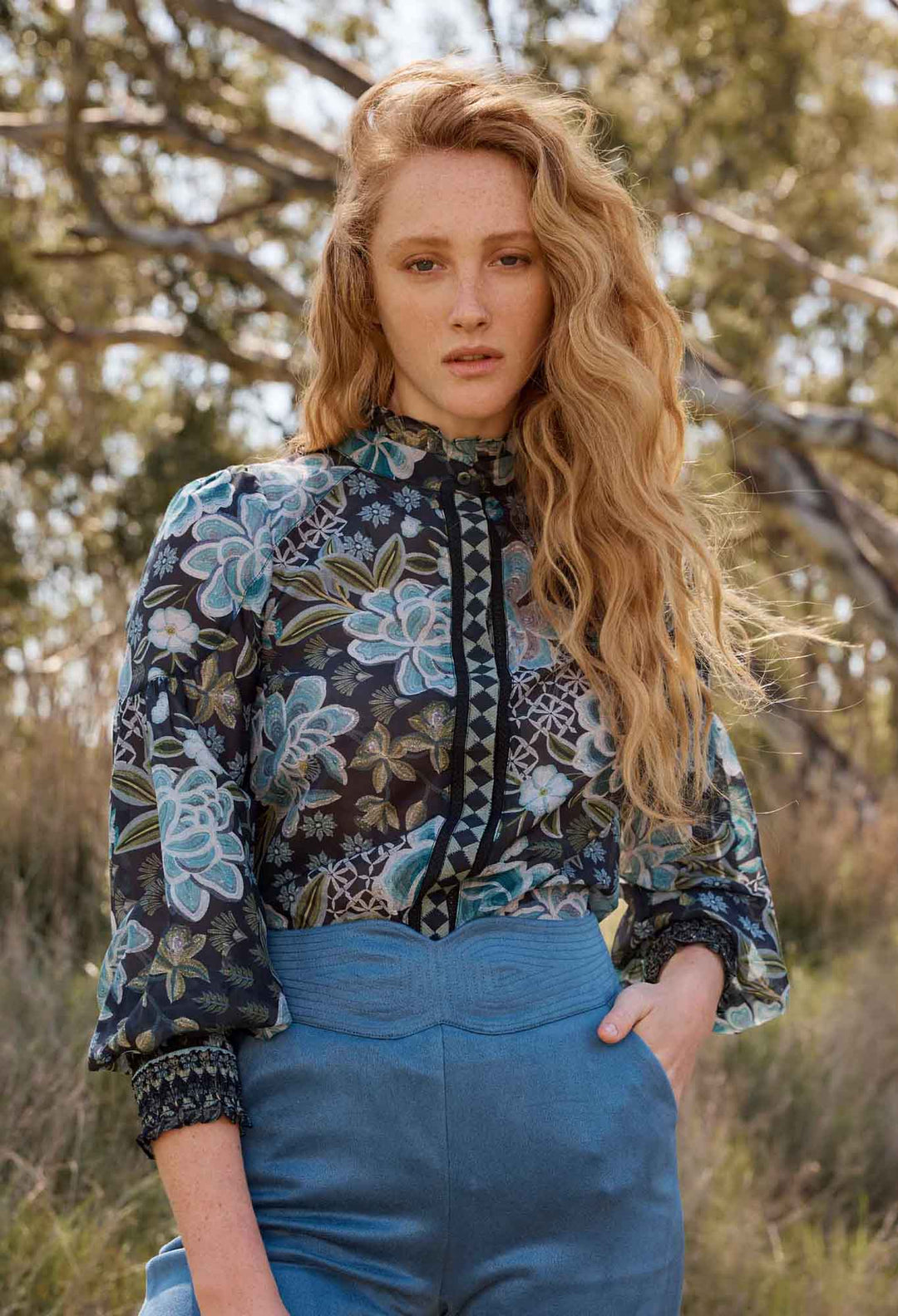 OnceWas PETITE Knox Cotton Silk Shirt in Dahlia Fields