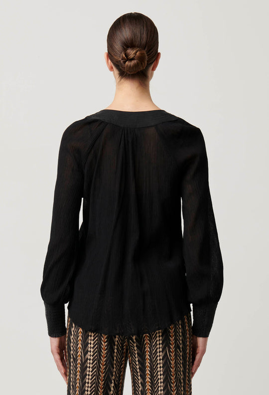 OnceWas Lucent Crinkle Cotton Silk Blouse in Black