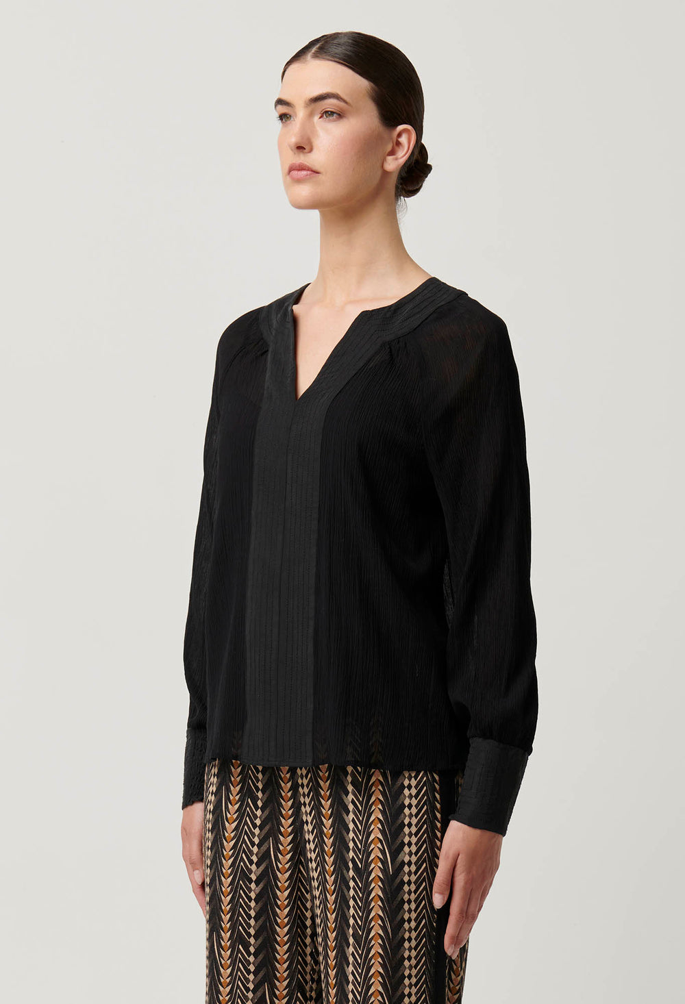 OnceWas Lucent Crinkle Cotton Silk Blouse in Black