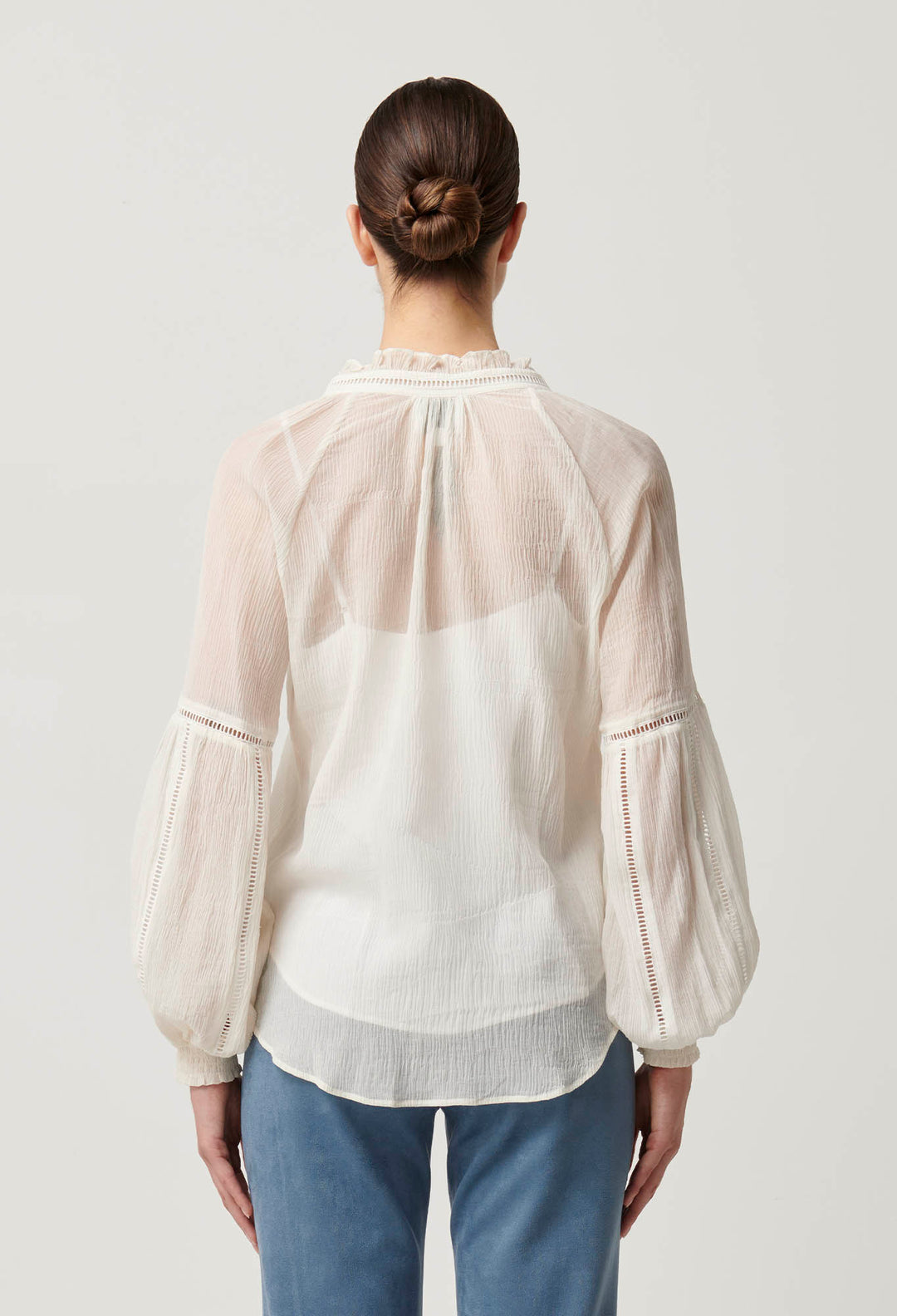 OnceWas Kinlsey Crinkle Cotton Silk Lace Blouse in Milk