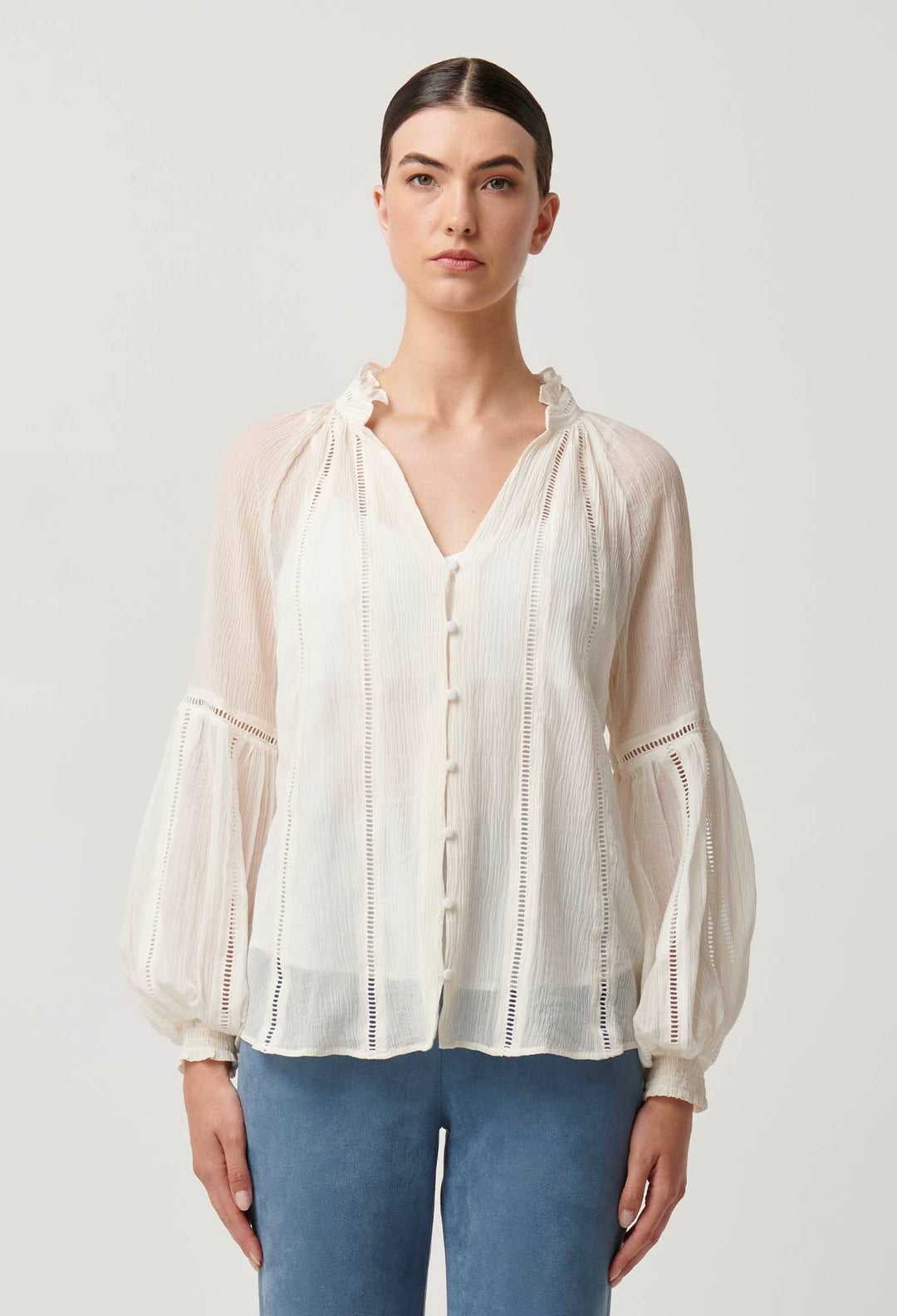 OnceWas Kinlsey Crinkle Cotton Silk Lace Blouse in Milk