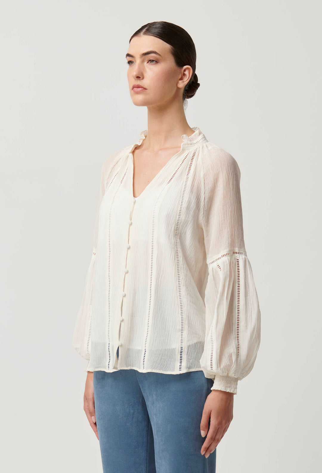 OnceWas Kinlsey Crinkle Cotton Silk Lace Blouse in Milk