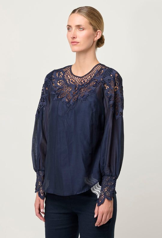 OnceWas Mirador Cotton Silk Blouse in Night Sky