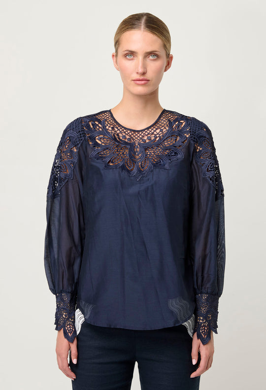 OnceWas Mirador Cotton Silk Blouse in Night Sky