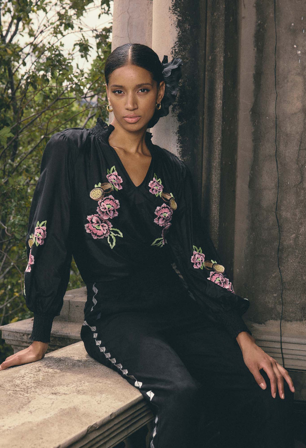 OnceWas PETITE Catalina Embroidered Cotton Silk Blouse in Black Flores
