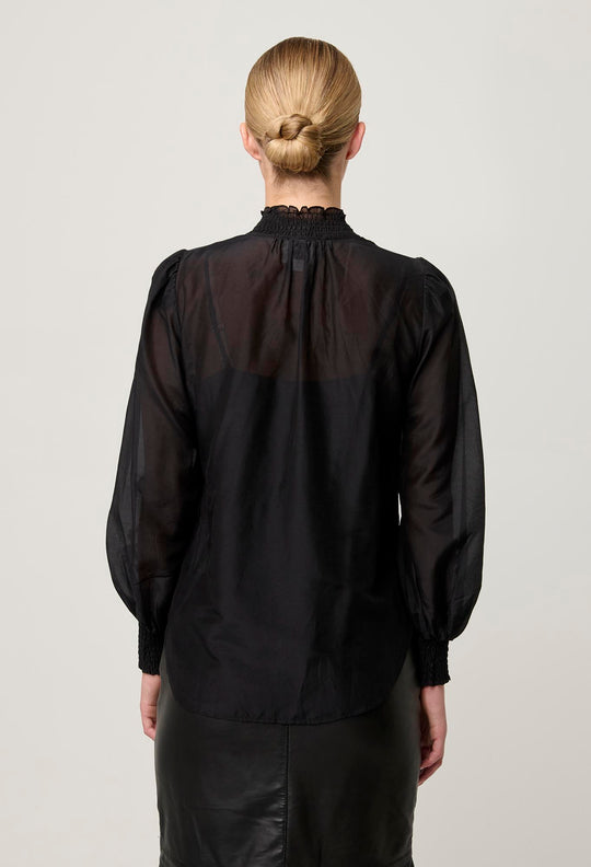 OnceWas PETITE Catalina Embroidered Cotton Silk Blouse in Black Flores
