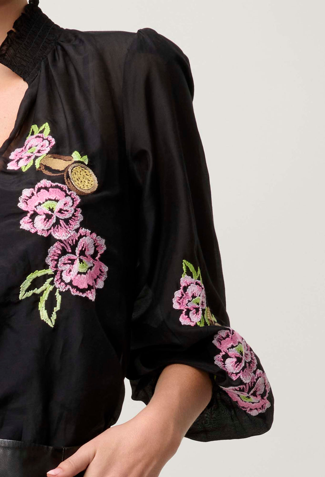 OnceWas PETITE Catalina Embroidered Cotton Silk Blouse in Black Flores