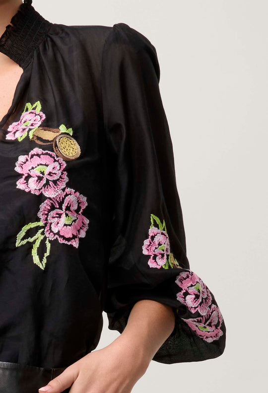 OnceWas PETITE Catalina Embroidered Cotton Silk Blouse in Black Flores