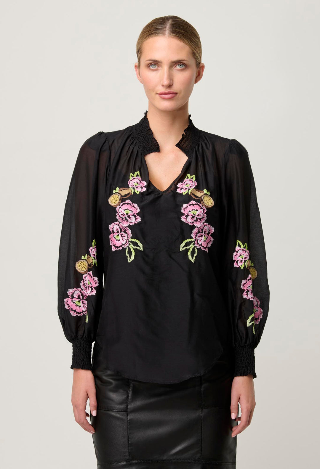 OnceWas PETITE Catalina Embroidered Cotton Silk Blouse in Black Flores