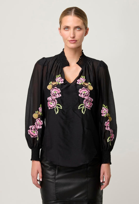 OnceWas PETITE Catalina Embroidered Cotton Silk Blouse in Black Flores