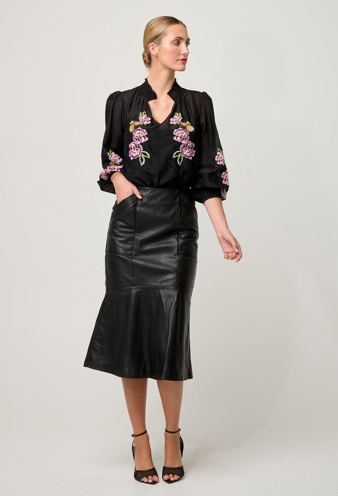 OnceWas PETITE Catalina Embroidered Cotton Silk Blouse in Black Flores