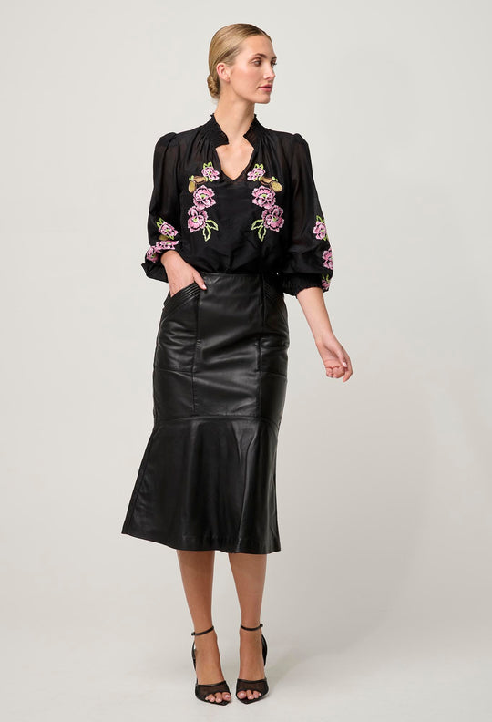OnceWas PETITE Catalina Embroidered Cotton Silk Blouse in Black Flores