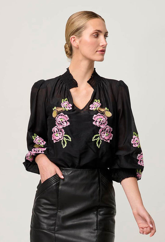 Catalina Embroidered Cotton Silk Blouse in Black Flores