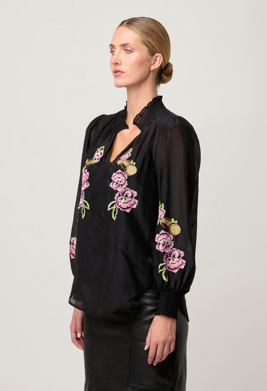 OnceWas PETITE Catalina Embroidered Cotton Silk Blouse in Black Flores