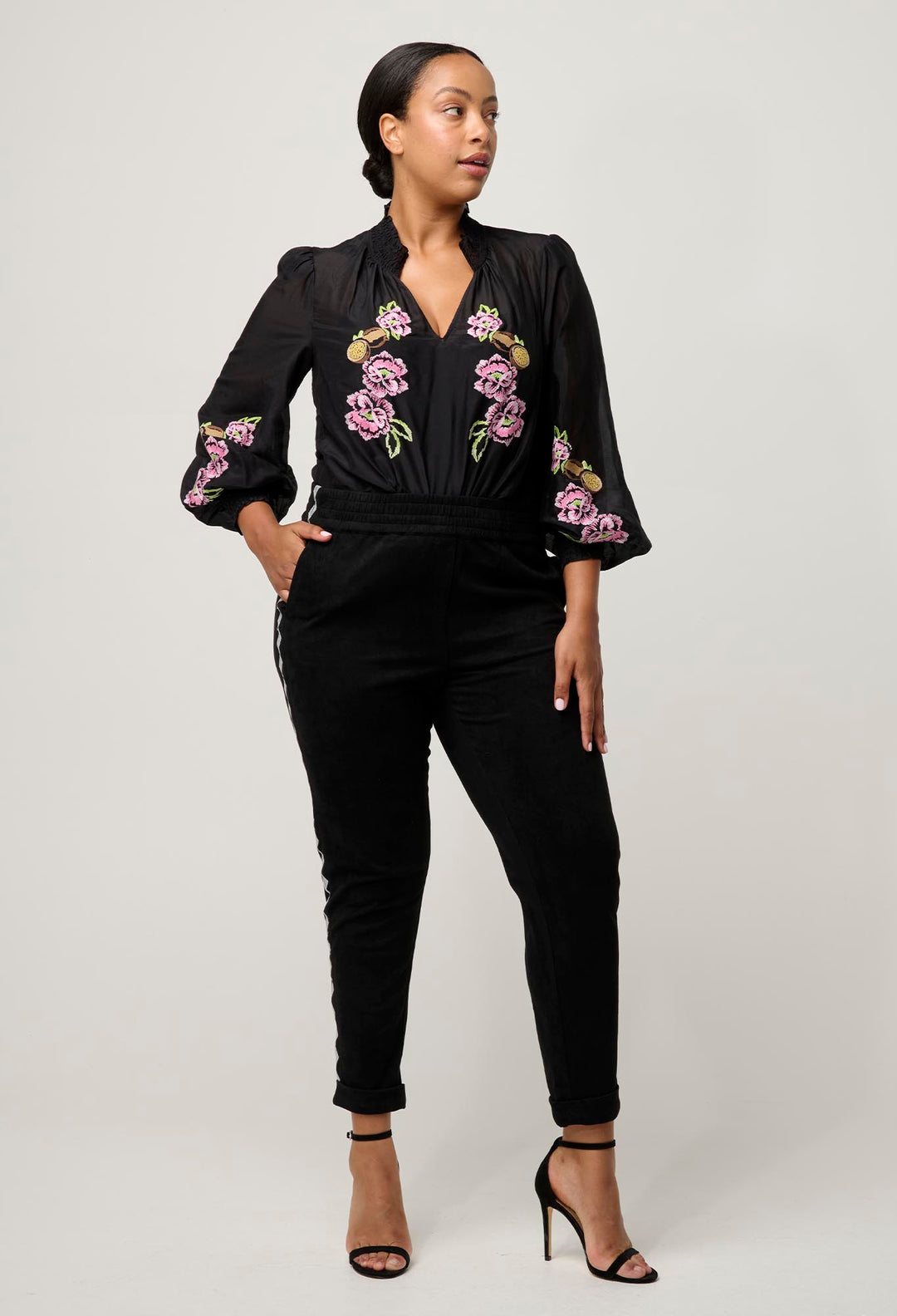 OnceWas PETITE Catalina Embroidered Cotton Silk Blouse in Black Flores