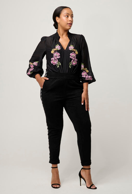 OnceWas PETITE Catalina Embroidered Cotton Silk Blouse in Black Flores